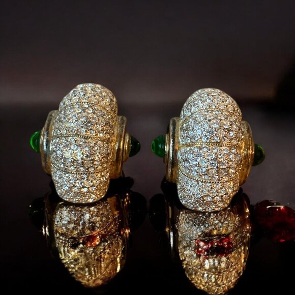 Vintage Gold-Tone Clip-On Earrings With Green Stone & Rhinestones - Picture 1 of 5